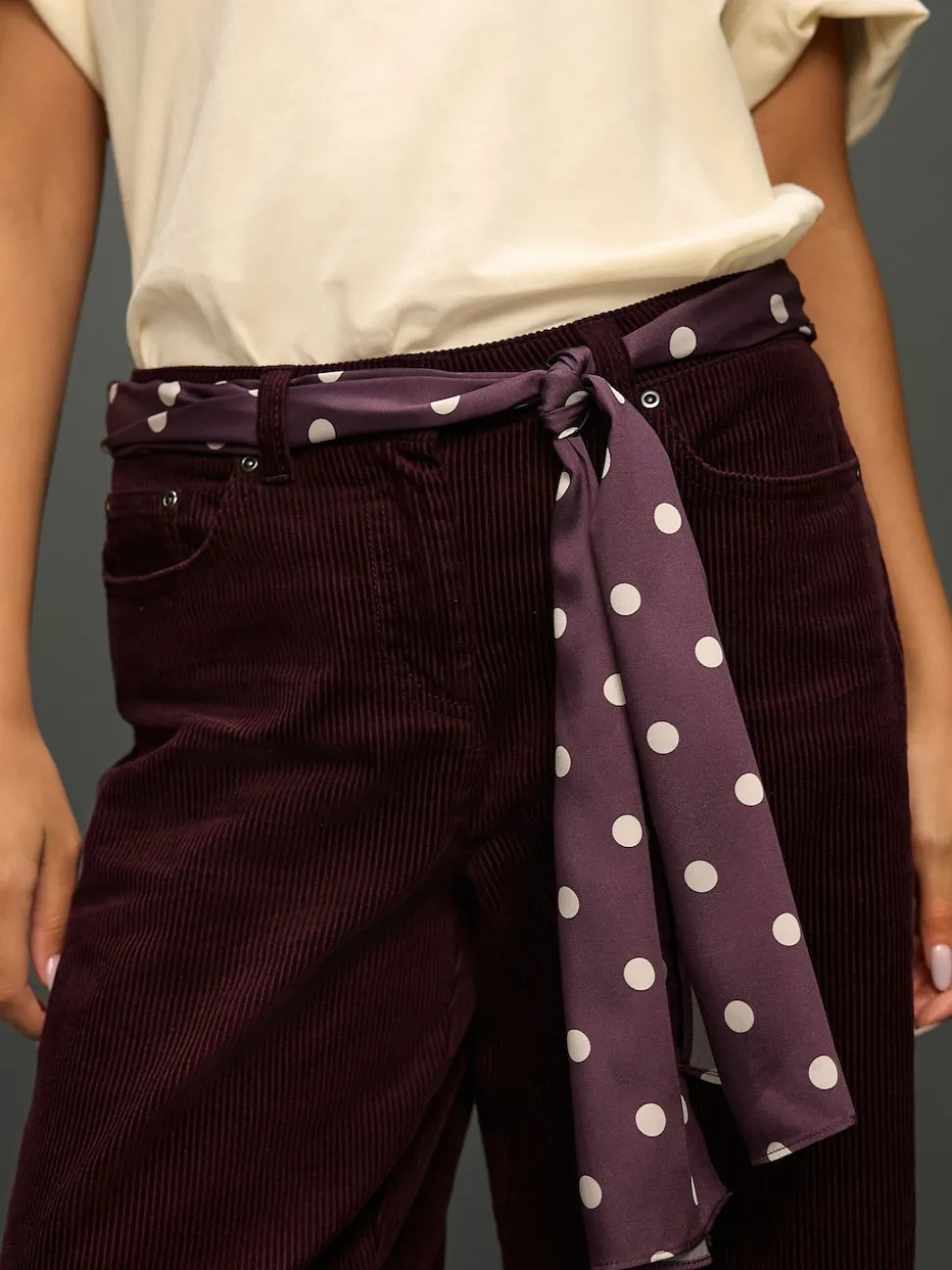 Bordeauxrood - Cord Wide Leg Trousers With Scarf