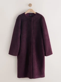 Bordeauxrood - Faux Fur Collarless Coat