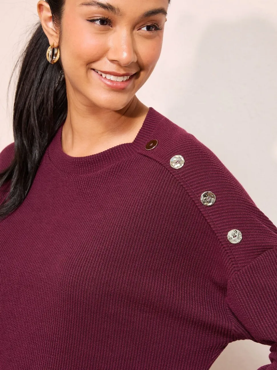 Bordeauxrood - Friends Like These Button Detail Rib Tunic