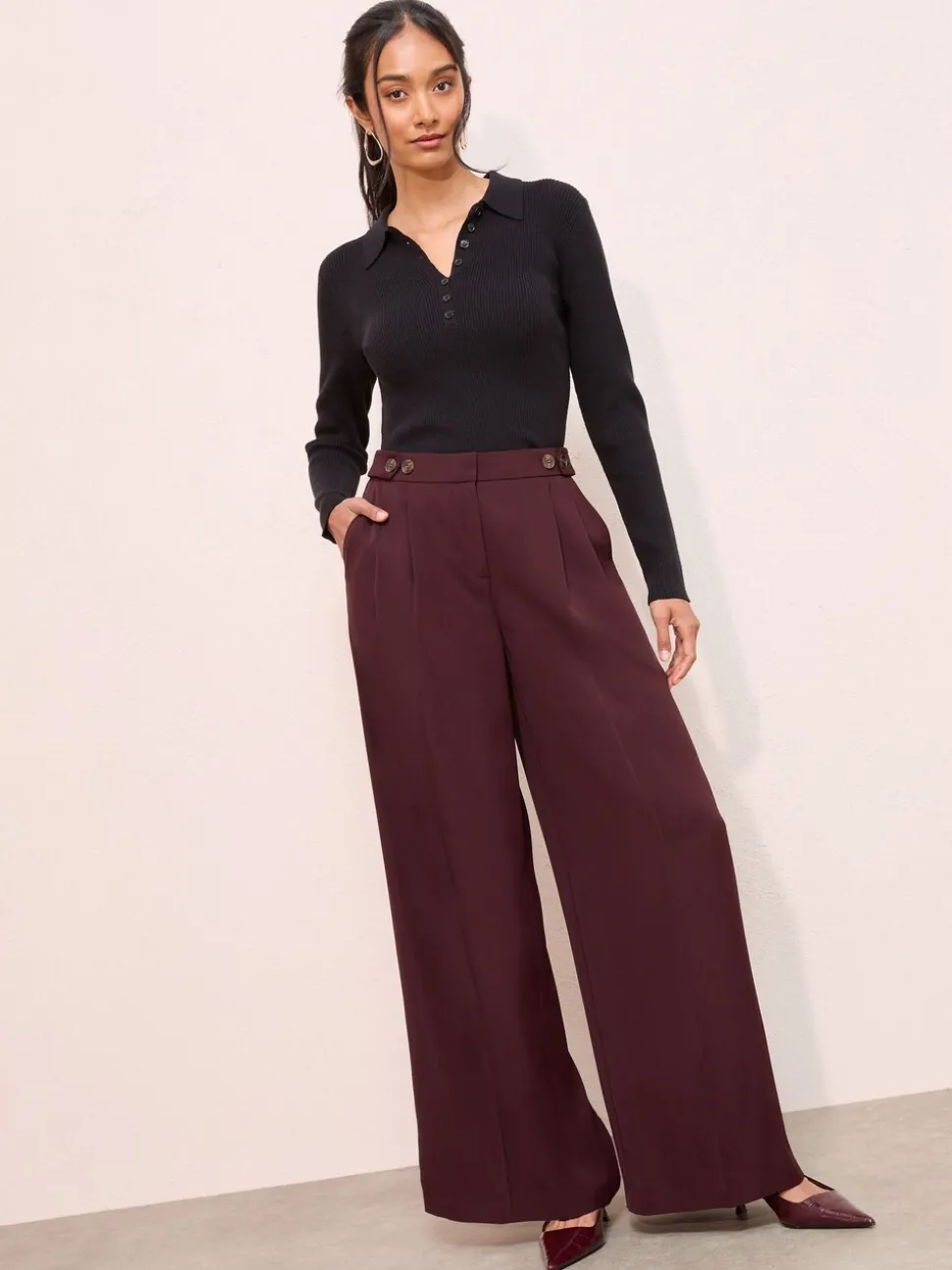 Bordeauxrood - Friends Like These Adjustable Waist Premium Wide Leg Trousers