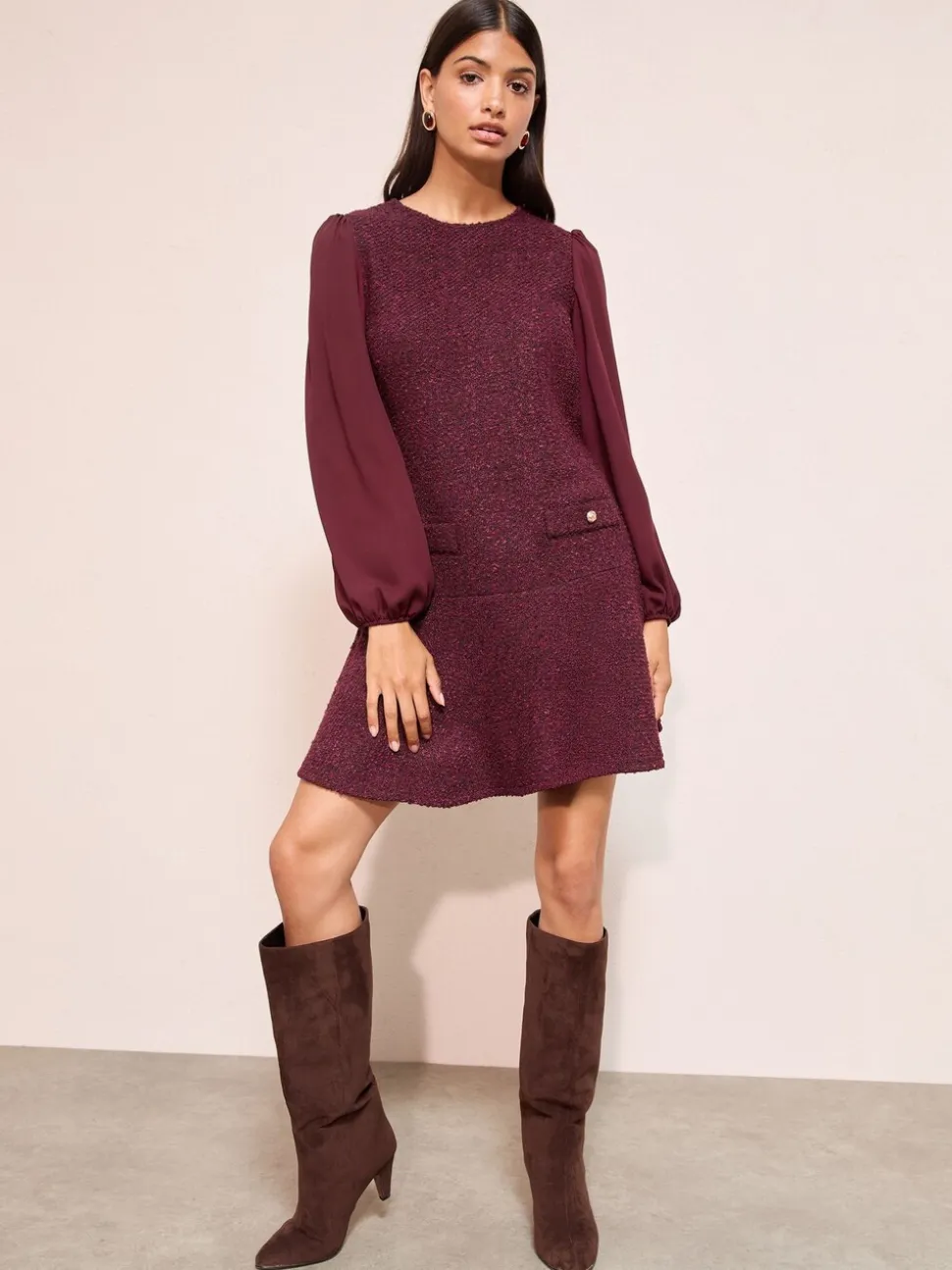 Bordeauxrood - Friends Like These Boucle Peplum Hem Mini Dress