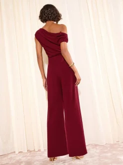 Bordeauxrood - Friends Like These Off The Shoulder Scuba Wide Leg Jumpsuit