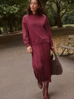 Bordeauxrood - 2-In-1 Sweatshirt met Satijnen Midi Rok