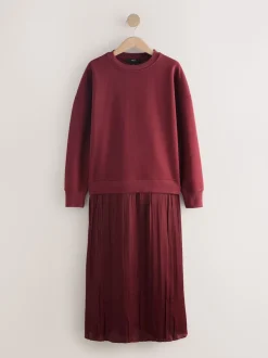 Bordeauxrood - 2-In-1 Sweatshirt met Satijnen Midi Rok