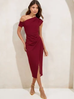 Bordeauxrood - Lipsy - Midi-jurk met blote schouders en gerimpelde taille