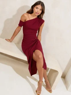 Bordeauxrood - Lipsy - Midi-jurk met blote schouders en gerimpelde taille