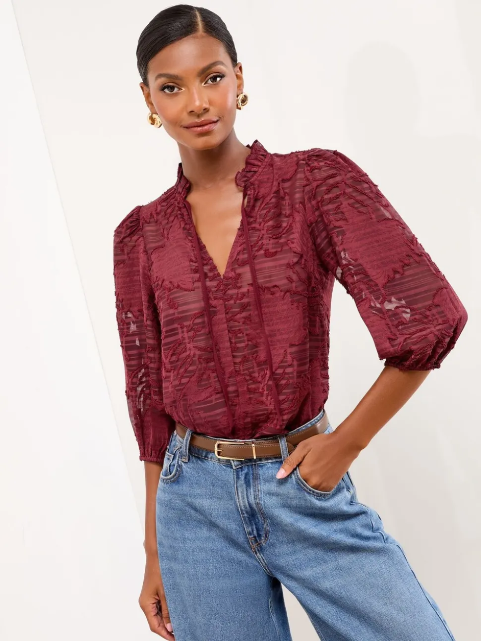 Bordeauxrood - Lipsy - Top met burnout-effect op de 3/4 mouwen