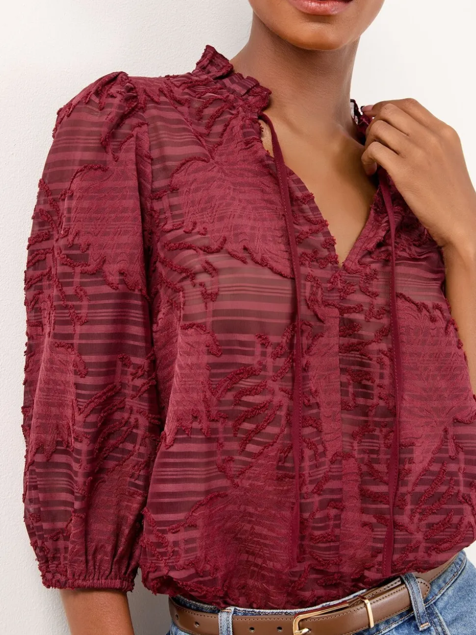 Bordeauxrood - Lipsy - Top met burnout-effect op de 3/4 mouwen