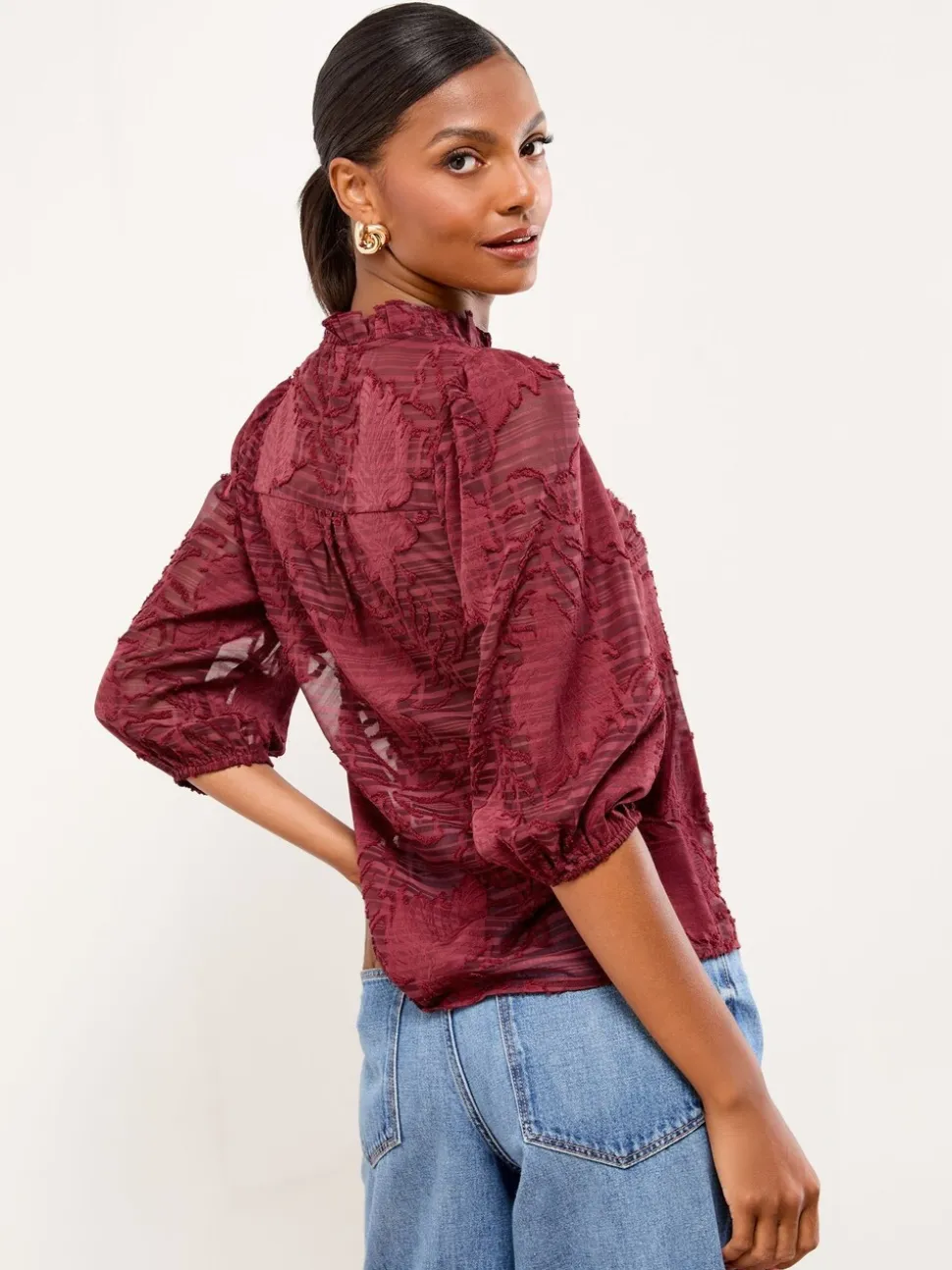 Bordeauxrood - Lipsy - Top met burnout-effect op de 3/4 mouwen