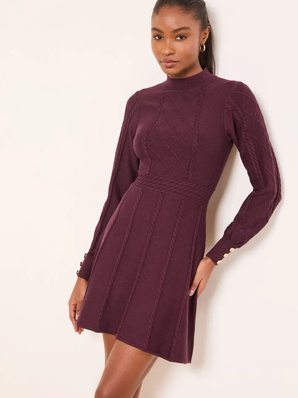 Bordeauxrood - Lipsy Mini Diamond Gebreide Mini-jurk met Lange Mouwen