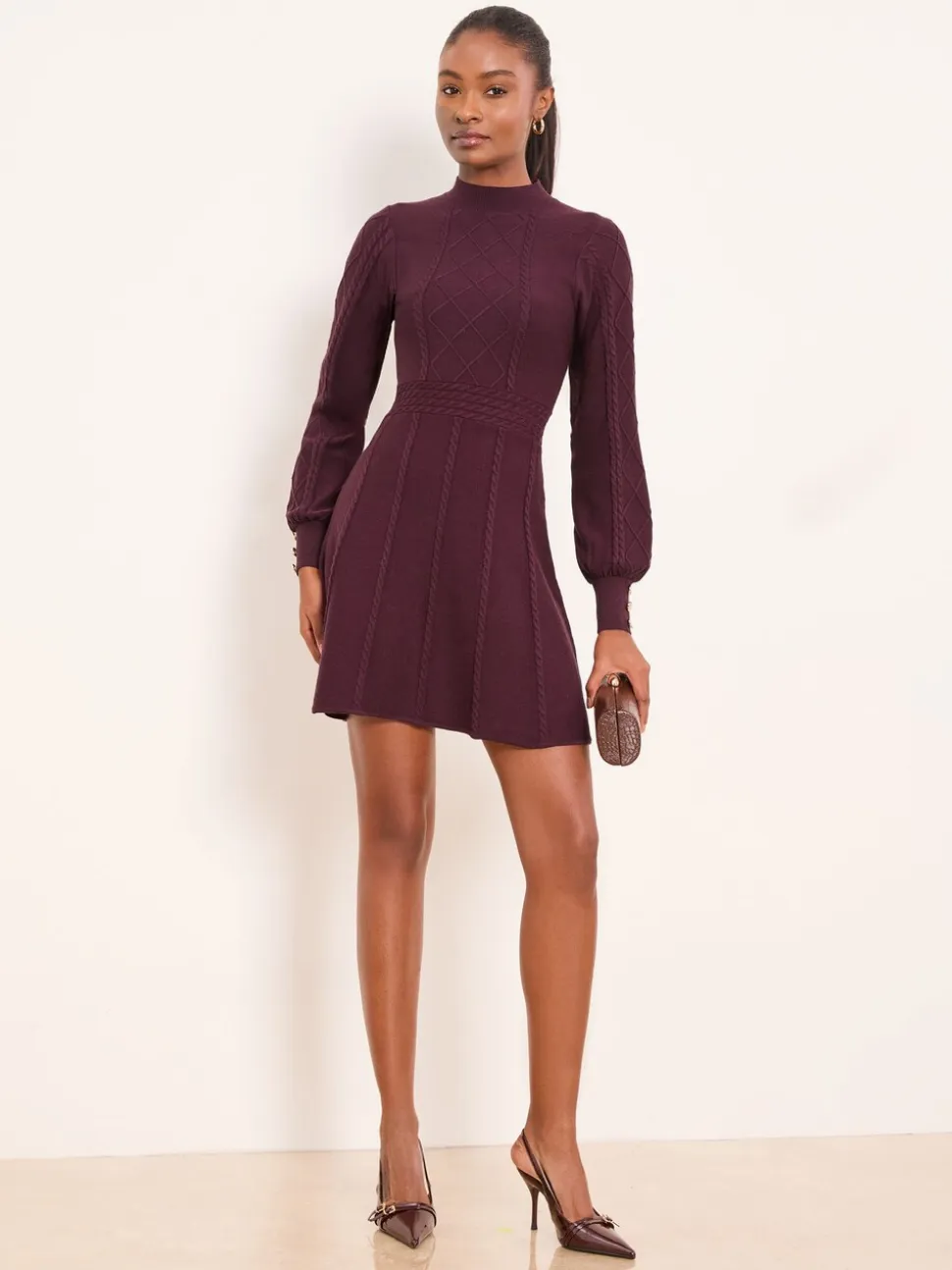 Bordeauxrood - Lipsy Mini Diamond Gebreide Mini-jurk met Lange Mouwen