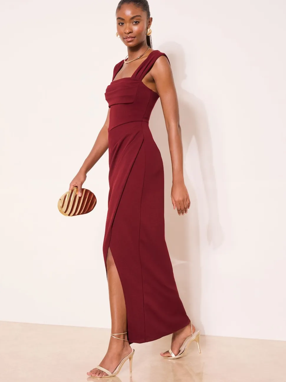 Bordeauxrood - Lipsy Square Neck Short Sleeve Ruched Maxi Dress