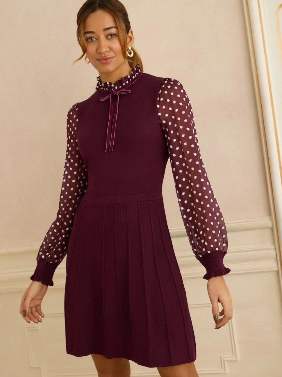 Bordeauxrood - Love & Roses Frill Neck Chiffon Sleeve Knitted Mini Dress