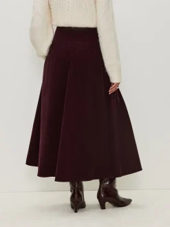 Bordeauxrood - Midi rok van corduroy met verlaagde taille
