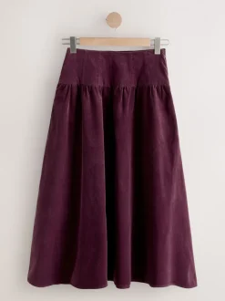 Bordeauxrood - Midi rok van corduroy met verlaagde taille