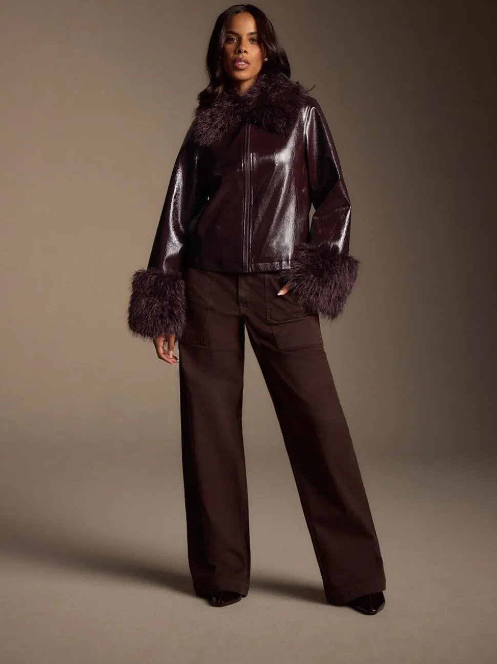 Bordeauxrood - PU Jacket with Faux Fur Trims