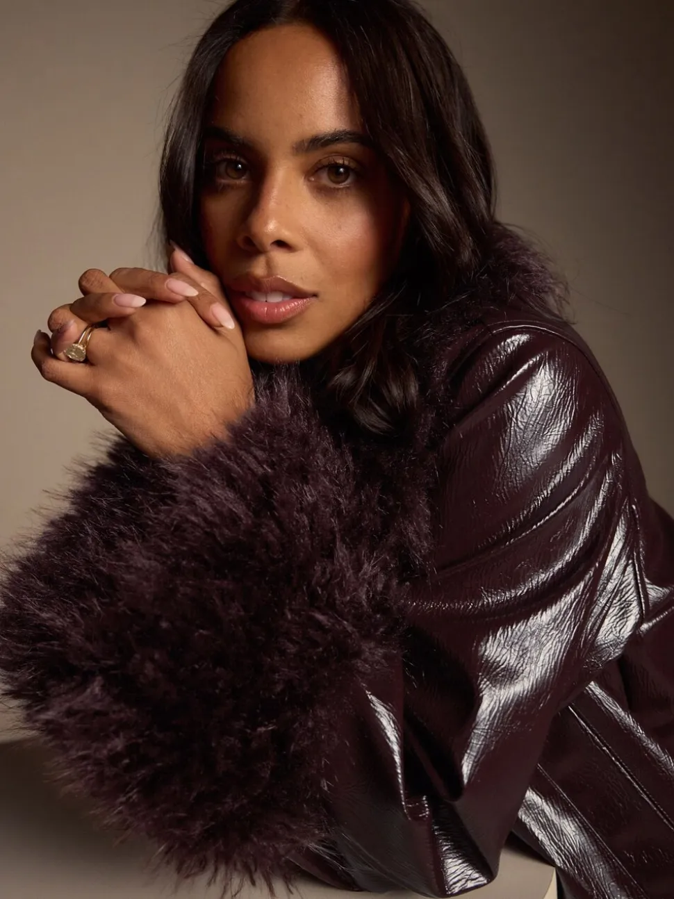 Bordeauxrood - PU Jacket with Faux Fur Trims