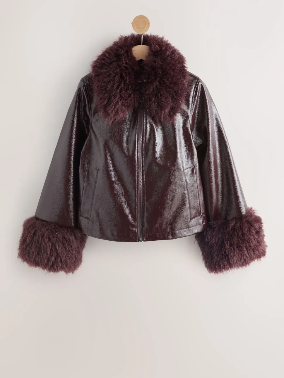 Bordeauxrood - PU Jacket with Faux Fur Trims