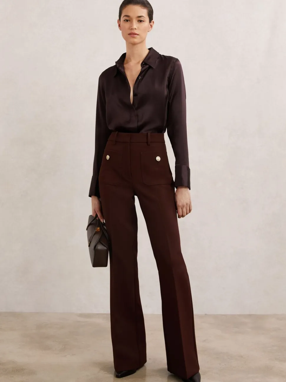 Bordeauxrood - Reiss Ameira Silk-Satin Concealed-Placket Shirt