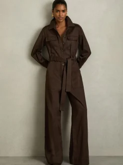 Bordeauxrood - Reiss Anais utility-jumpsuit met wijde pijpen
