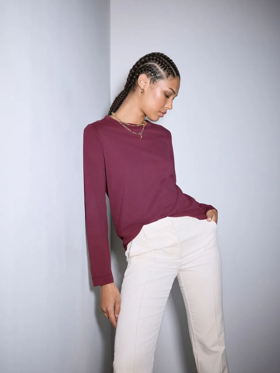 Bordeauxrood - T-shirt met lange mouwen en ronde hals