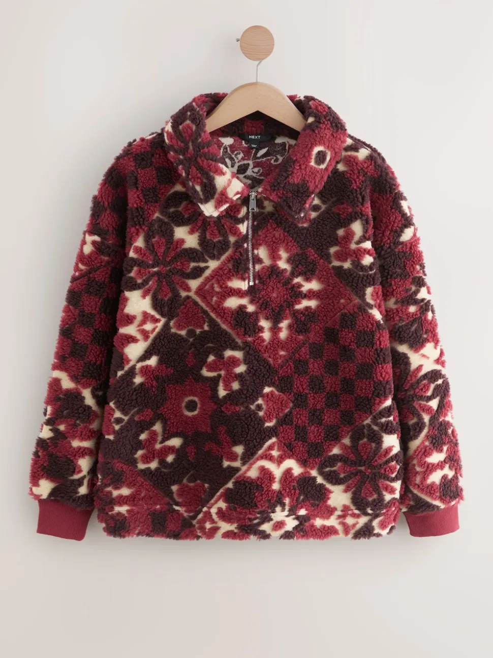 Bordeauxrood gebloemd - Jacquard Teddy Borg Quarter Zip Fleece Sweatshirt