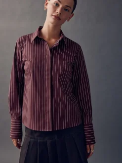 Bordeauxrood gestreept - Fitted Stretch Essential Long Sleeve Shirt