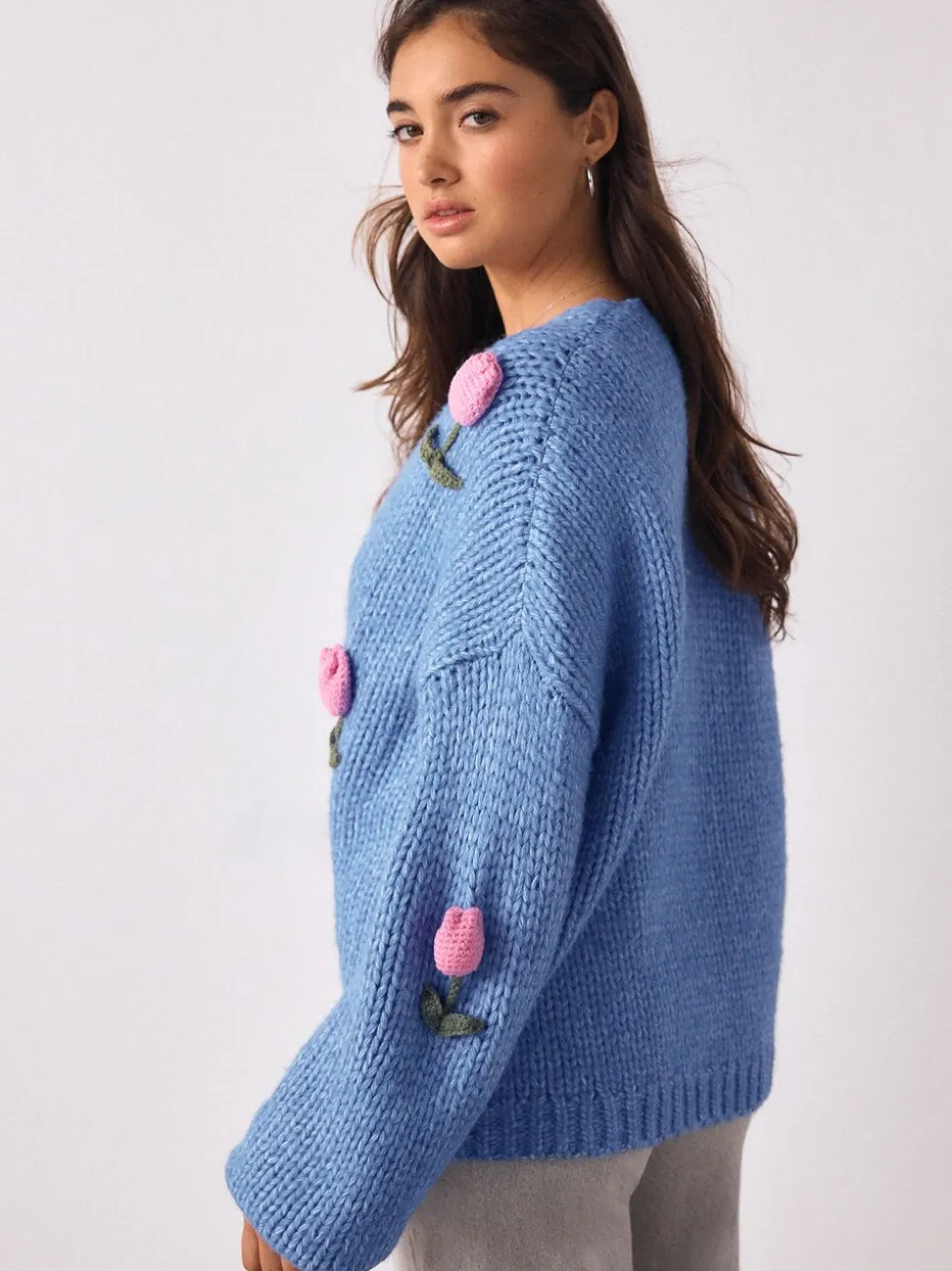 Bright Blue 3D Tulip - Zacht aanvoelend Grof gebreid vest