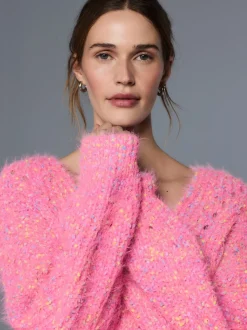 Bright Pink Neppy - Fuzzy Texture V-Neck Knitted Jumper