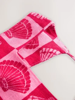 Bright Pink/ Red Shell Print - Mini-jurk met linnen en vierkante hals