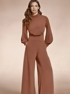 Bruin - HotSquash jumpsuit met wijde pijpen en blousonmouwen