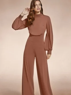 Bruin - HotSquash jumpsuit met wijde pijpen en blousonmouwen