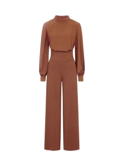 Bruin - HotSquash jumpsuit met wijde pijpen en blousonmouwen