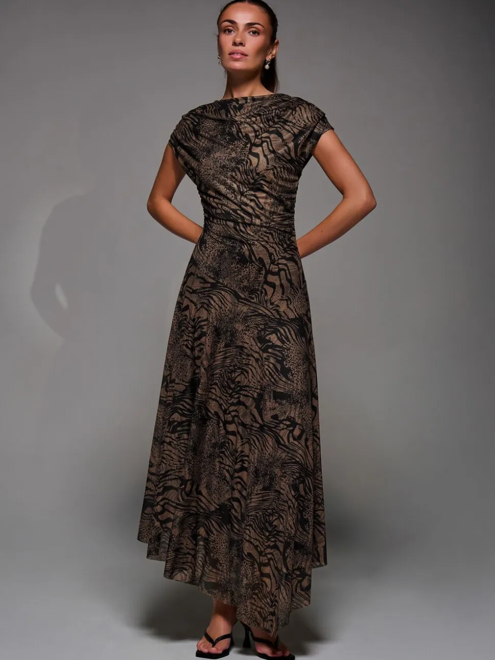 Bruin - Jolie Moi Asymmetrical Draped Slash Neck Midaxi Dress