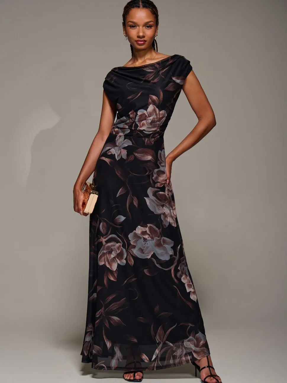 Bruin - Jolie Moi Asymmetric Neck Mesh Maxi Dress