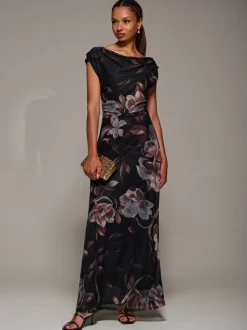 Bruin - Jolie Moi Asymmetric Neck Mesh Maxi Dress