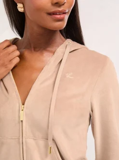 Bruin - Lipsy - Geborduurde velours hoodie met rits
