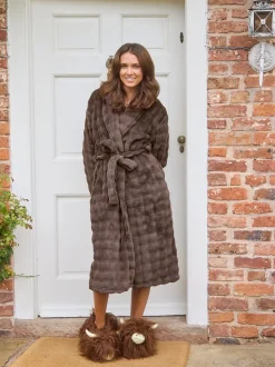 Bruin - Loungeable Bubble Cut Fleece Shawl Collar Midi Dressing Gown