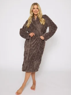 Bruin - Loungeable Bubble Cut Fleece Shawl Collar Midi Dressing Gown