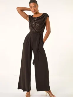 Bruin - Roman Paillettenlijfje met Watervalhals Jumpsuit