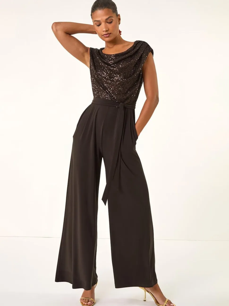 Bruin - Roman Paillettenlijfje met Watervalhals Jumpsuit