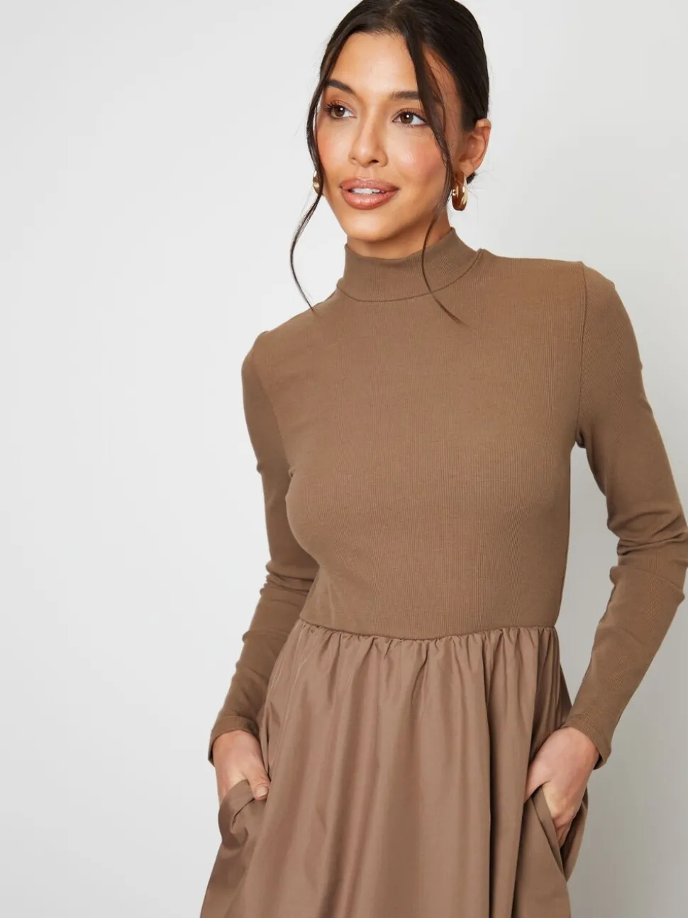 Bruin - Threadbare High Neck 2 In 1 Jersey Poplin Mix Mini Dress
