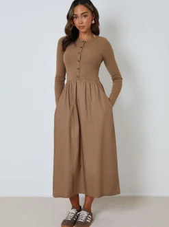 Bruin - Threadbare 2-in-1 Jersey Poplin Mix Button Down Dress
