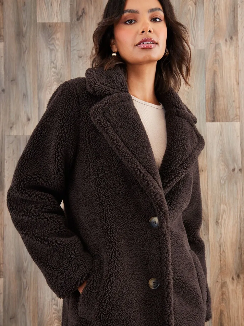 Bruin - Threadbare lange jas met borg