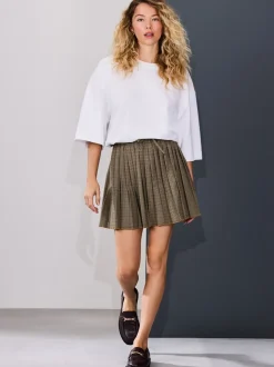 Bruin geruit - Pleated Pull On Mini Skirt