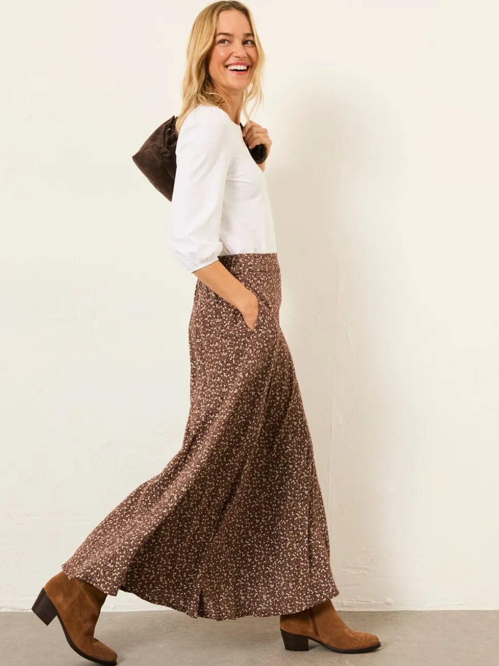 Bruin met fijne print - FatFace midirok