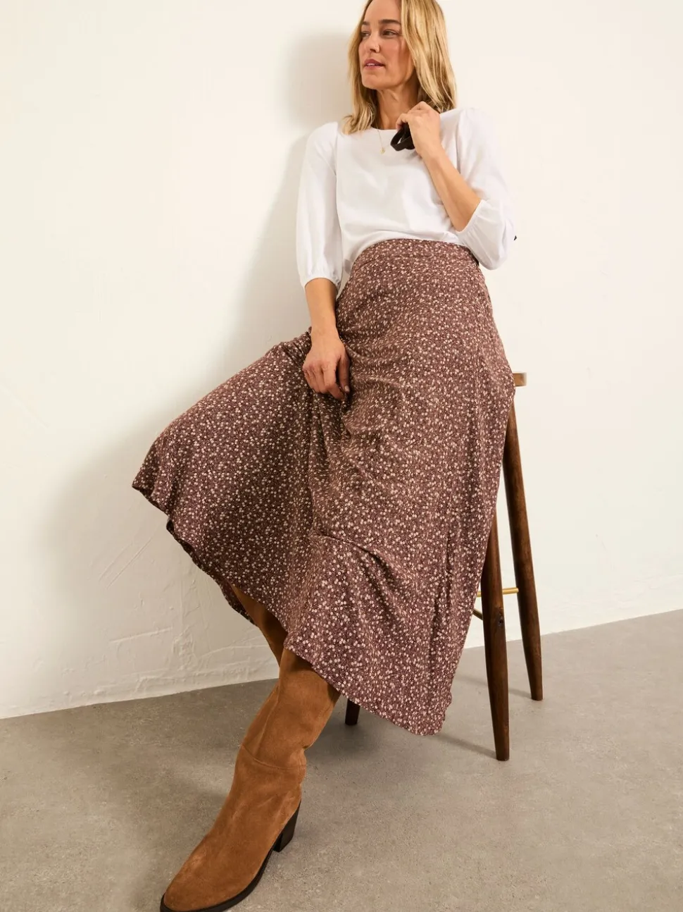 Bruin met fijne print - FatFace midirok