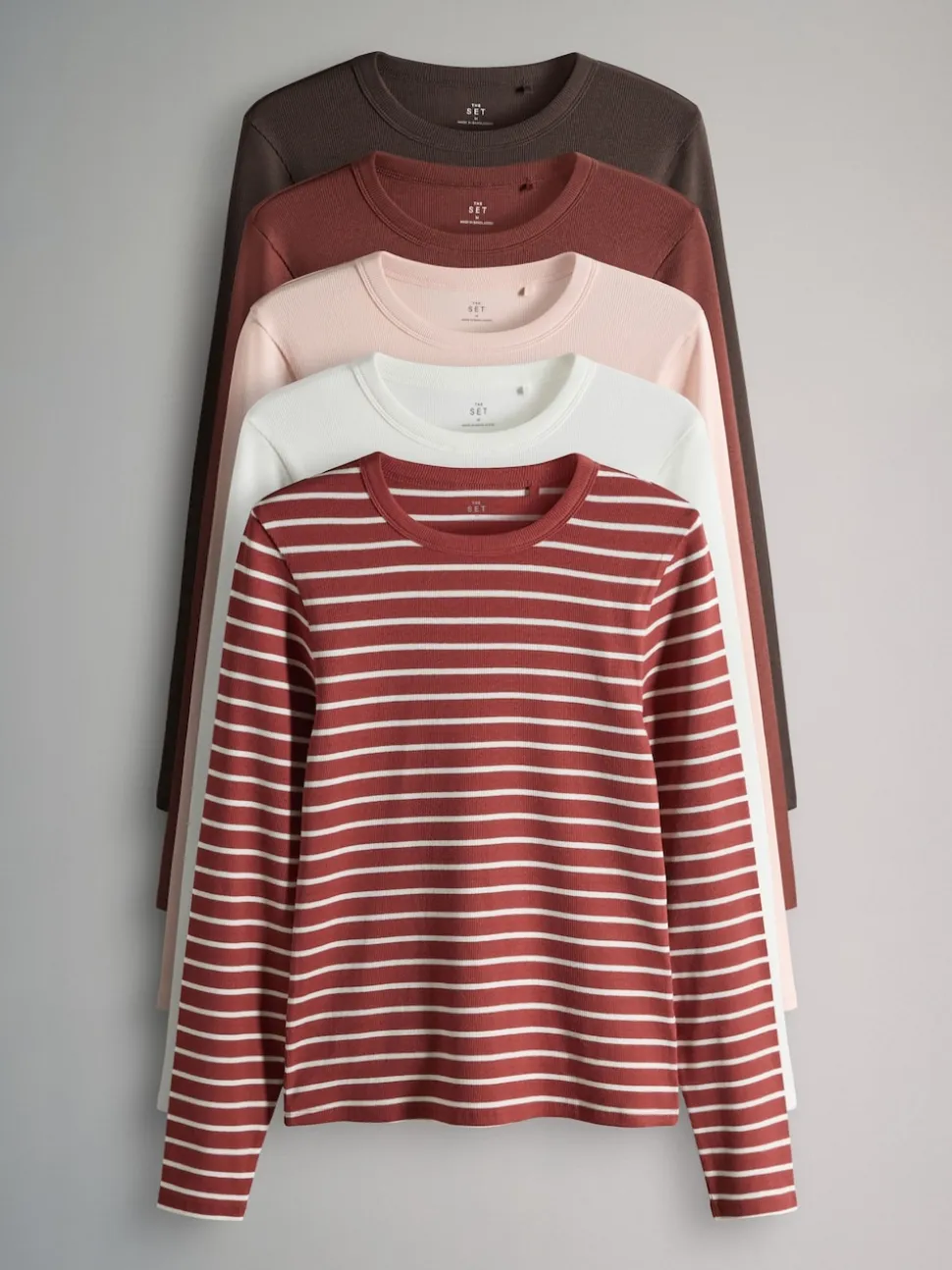 Bruin/Roze/Wit/Strepen - The Set van 5 geribbelde T-shirts met lange mouwen