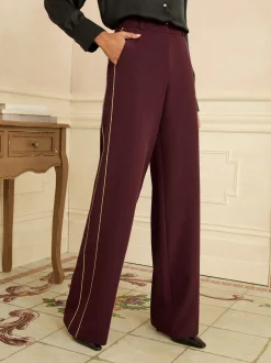 Burgundy Gold - Love & Roses broek met structuur, wijde pijpen en zijstreep