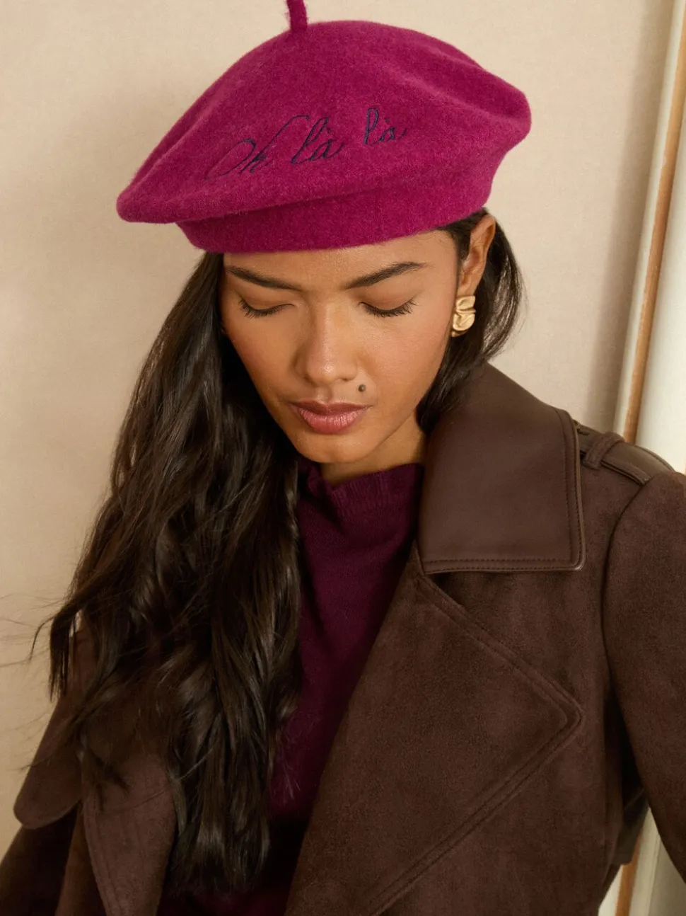 Burgundy Red Embriodered - Love & Roses Beret Hat